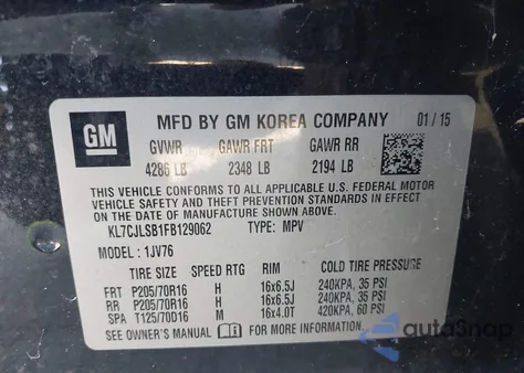 2015 Chevrolet Trax Lt z USA, uszkodzony, nr VIN KL7CJLSB1FB129062